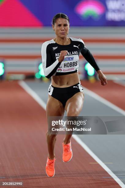 Zoe Hobbs of Team New Zealand competes in the Women's 60 Metres Heats on Day Two of the World Athletics Indoor Championships Glasgow 2024 at Emirates...