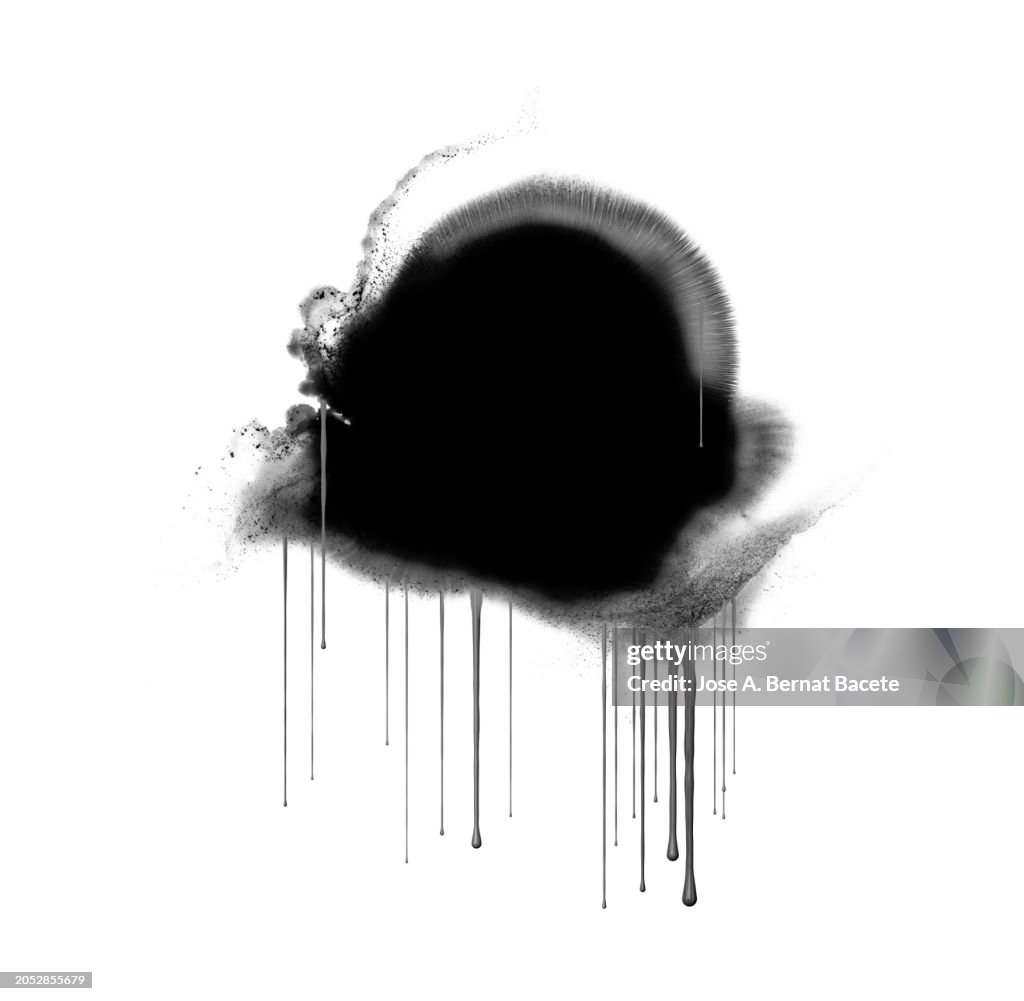 Black acrylic paint on a white wall that drips and slides.