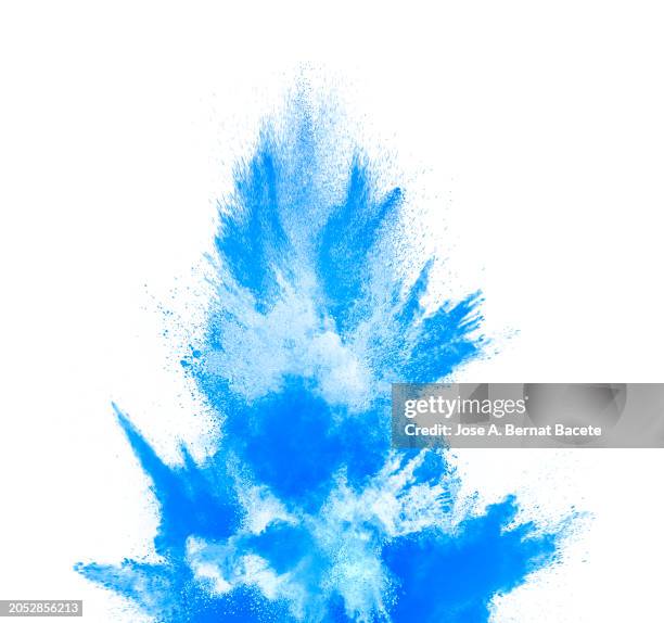 multiple explosions of blue and white smoke in expansive motion on a white background. - detonator stock pictures, royalty-free photos & images