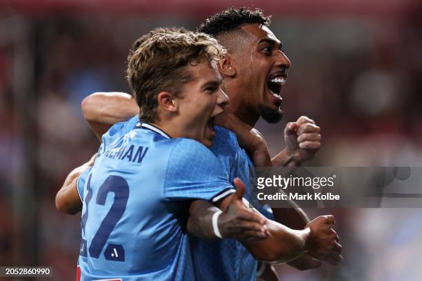 Fábio Gomes of Sydney FC celebrates with his team after scoring a goal during the A-League Men round 19 match between Western Sydney Wanderers and...