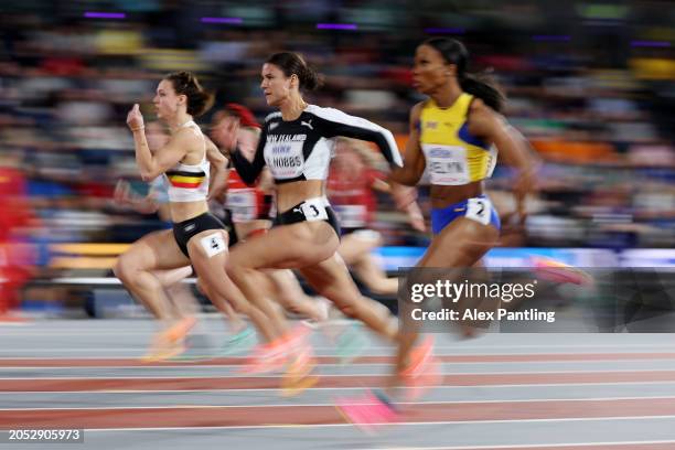 Zoe Hobbs of Team New Zealand competes in the Women's 60 Metres Heats on Day Two of the World Athletics Indoor Championships Glasgow 2024 at Emirates...