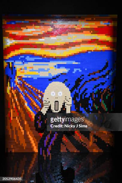 Re-imagined version of Edvard Munch's The Scream painting made from LEGO is displayed at the press preview ahead of the opening of "Art Of The Brick"...
