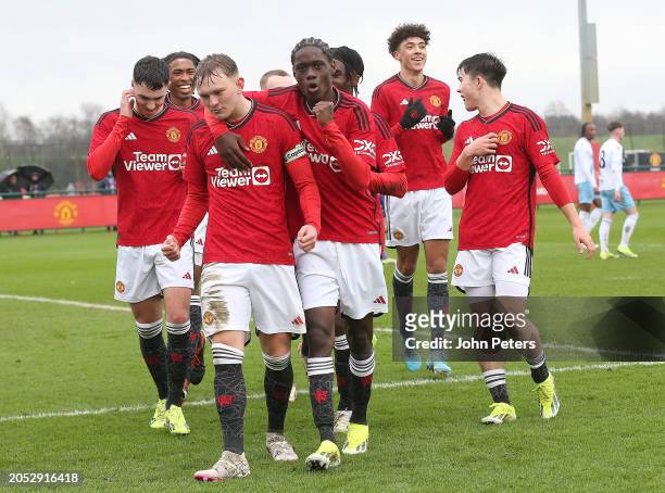 Finlay McAlister of Manchester United U18s celebrates scoring their first goal during the U18 Premier League match between Manchester United U18s and...