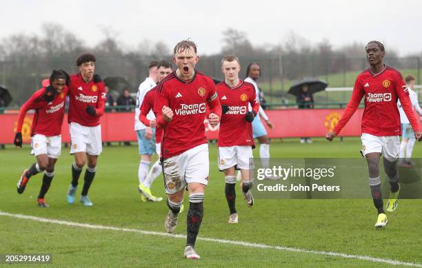 Finlay McAlister of Manchester United U18s celebrates scoring their first goal during the U18 Premier League match between Manchester United U18s and...