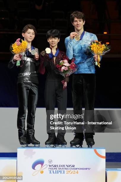 Silver medalist Rio Nakata of Japan, gold medalist Minkyu Seo of South Korea and bronze medalist Adam Hagara of Slovakia pose at the medal ceremony...