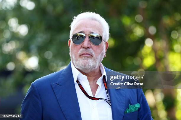 Owner of Aston Martin F1 Team Lawrence Stroll walks in the Paddock prior to the F1 Grand Prix of Bahrain at Bahrain International Circuit on March...