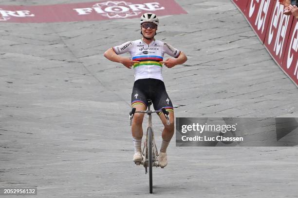 Lotte Kopecky of Belgium and Team SD Worx-Protime celebrates at finish line as race winner during the 10th Strade Bianche 2024, Women's Elite a 137km...