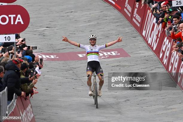 Lotte Kopecky of Belgium and Team SD Worx-Protime celebrates at finish line as race winner during the 10th Strade Bianche 2024, Women's Elite a 137km...