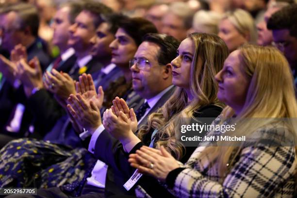 Conservatives applaud Scottish Conservative Party leader Douglas Ross as he speaks during the Scottish Conservative conference at the P&J Live on...