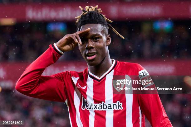 Nico Williams of Athletic Club celebrates after scoring his team's second goal during the Copa del Rey Semifinal match between Athletic Club Bilbao...