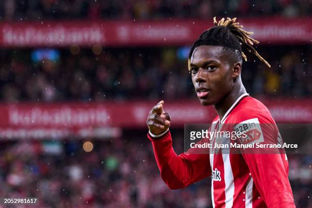 Nico Williams of Athletic Club celebrates after scoring his team's second goal during the Copa del Rey Semifinal match between Athletic Club Bilbao...