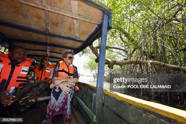 Queen Mathilde of Belgium takes a boat trip through mangroves, after a royal visit to Grand-Lahou, during a royal working visit to Ivory Coast,...