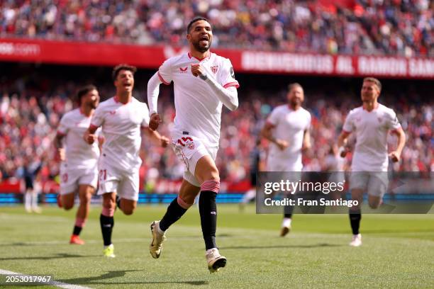 Yousseff En-Nesyri of Sevilla FC celebrates scoring his team's first goal during the LaLiga EA Sports match between Sevilla FC and Real Sociedad at...