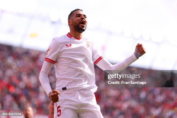 Yousseff En-Nesyri of Sevilla FC celebrates scoring his team's first goal during the LaLiga EA Sports match between Sevilla FC and Real Sociedad at...