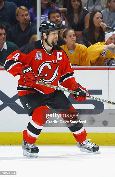 Scott Stevens of the New Jersey Devils skates against the Mighty Ducks of Anaheim in game three of the 2003 Stanley Cup Finals May 31, 2003 at...