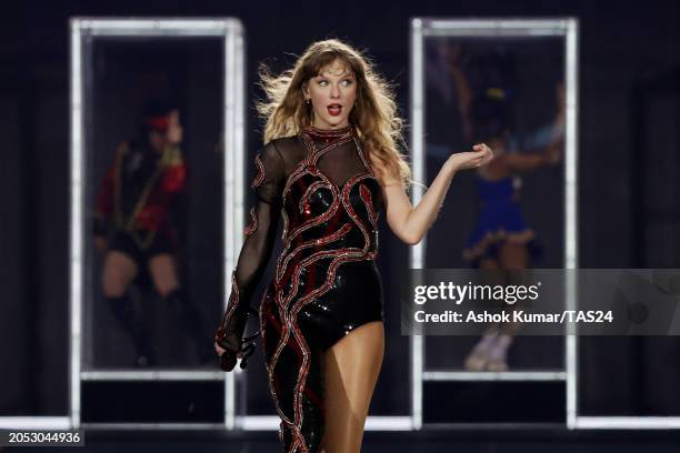 Taylor Swift performs during "Taylor Swift | The Eras Tour" at the National Stadium on March 02, 2024 in Singapore.