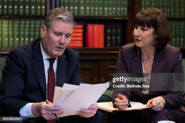 Labour Party Leader Keir Starmer and Shadow Chancellor Rachel Reeves prepare for the Tory Spring Budget in Parliament on March 5, 2024 in London,...