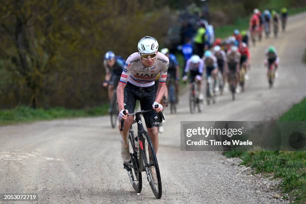 Tadej Pogacar of Slovenia and UAE Team Emirates attacks in the breakaway during the 18th Strade Bianche 2024, Men's Elite a 215km one day race from...