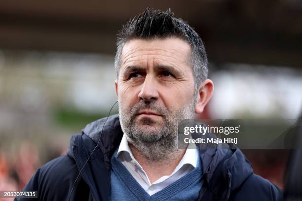 Nenad Bjelica, Head Coach of 1.FC Union Berlin, looks on as he speaks to the media prior to the Bundesliga match between 1. FC Union Berlin and...