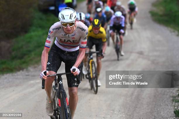 Tadej Pogacar of Slovenia and UAE Team Emirates attacks in the breakaway during the 18th Strade Bianche 2024, Men's Elite a 215km one day race from...