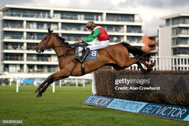 Ciaran Gethings riding Heltenham clear the last to win The BetVictor Greatwood Gold Cup Handicap Chase at Newbury Racecourse on March 02, 2024 in...