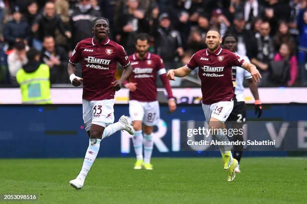 Loum Tchaouna of US Salernitana celebrates scoring his team's first goal during the Serie A TIM match between Udinese Calcio and US Salernitana at...