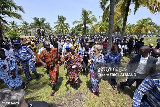 Queen Mathilde of Belgium pictured during a royal visit to Grand-Lahou and its cemetery, during a royal working visit to Ivory Coast, Tuesday 05...