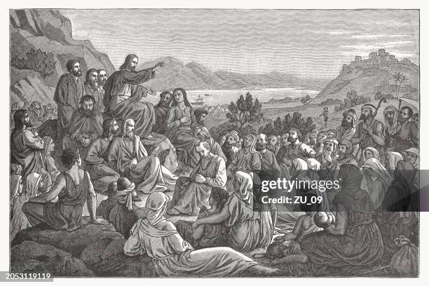 stockillustraties, clipart, cartoons en iconen met jesus' sermon on the mount (matthew 5-7), woodcut, published ca.1890 - gelovige