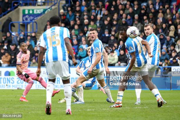 Crysencio Summerville of Leeds United shoots during the Sky Bet Championship match between Huddersfield Town and Leeds United at the John Smith's...