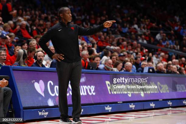 Dayton Flyers head coach Anthony Grant works the sideline during the game against the Davidson Wildcats and the Dayton Flyers on February 27 at UD...