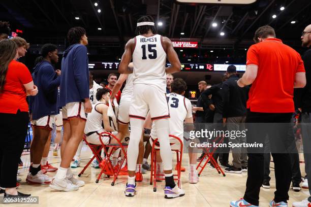 Dayton Flyers forward DaRon Holmes II stands on the court during a stop in play during the game against the Davidson Wildcats and the Dayton Flyers...