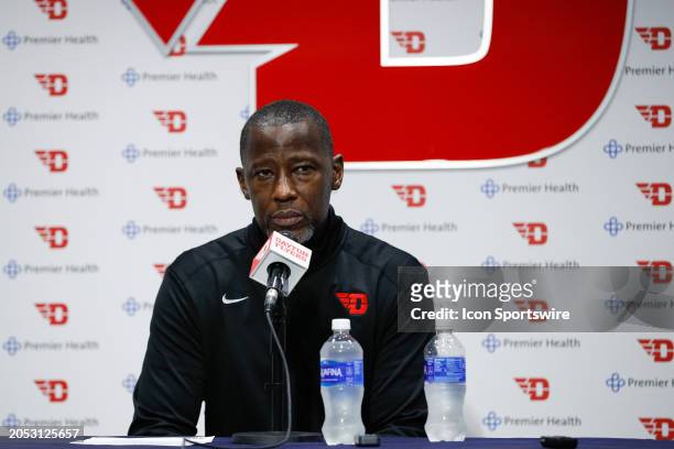 Dayton Flyers head coach Anthony Grant talks to the media after the game against the Davidson Wildcats and the Dayton Flyers on February 27 at UD...