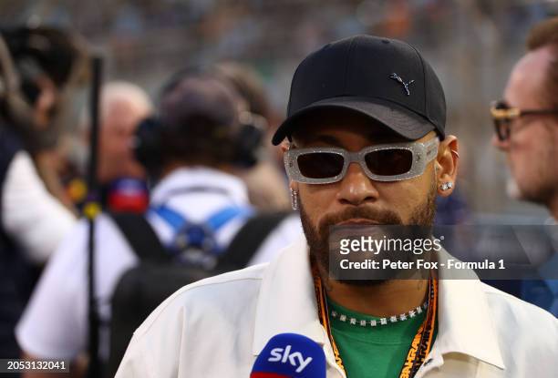 Neymar Jr looks on from the grid prior to the F1 Grand Prix of Bahrain at Bahrain International Circuit on March 02, 2024 in Bahrain, Bahrain.