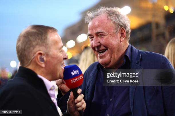 Jeremy Clarkson talks with Martin Brundle on the grid prior to the F1 Grand Prix of Bahrain at Bahrain International Circuit on March 02, 2024 in...