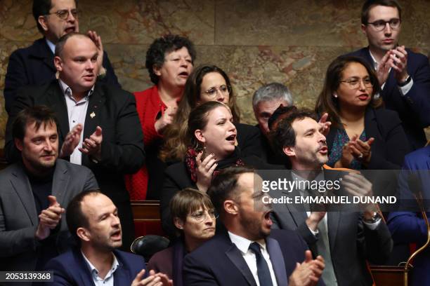 President of French leftist La France Insoumise group at the National Assembly Mathilde Panot and LFI party's coordinator Manuel Bompard and MPs...