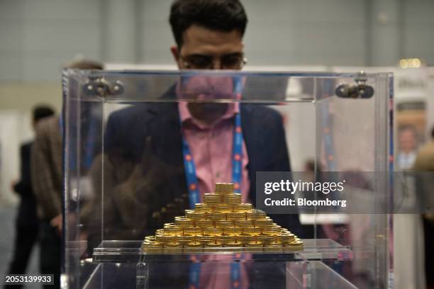 Gold coins at the Sprott Money exhibit at the Prospectors & Developers Association of Canada conference in Toronto, Ontario, Canada, on Monday, March...