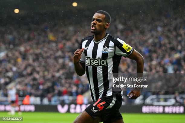 Alexander Isak of Newcastle United celebrates scoring his team's first goal during the Premier League match between Newcastle United and...