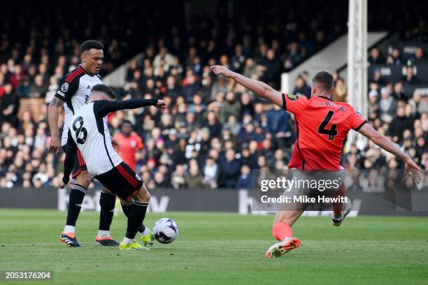 Harry Wilson of Fulham scores his team's first goal whilst under pressure from Adam Webster of Brighton & Hove Albion during the Premier League match...