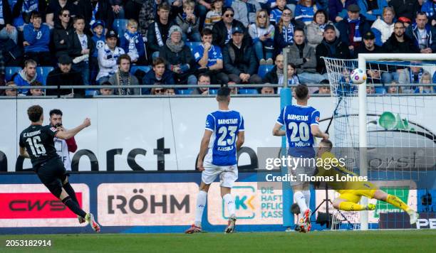 Ruben Vargas of FC Augsburg scores his team's fourth goal during the Bundesliga match between SV Darmstadt 98 and FC Augsburg at Merck-Stadion am...