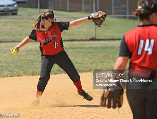 Guilderland shortstop Nicole Fyvie throws the ball to first during a Class AA quarterfinal softball game against Colonie on Friday, May 22, 2015 in...