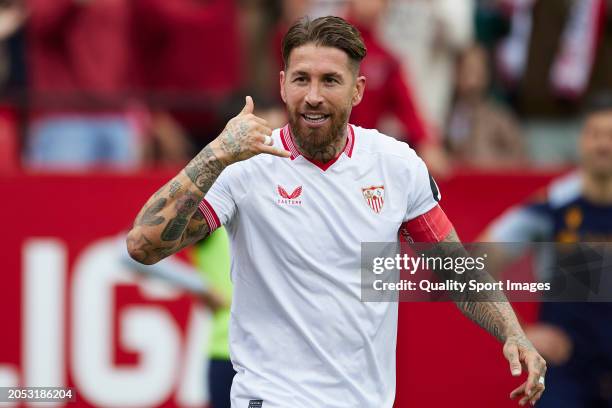 Sergio Ramos of Sevilla FC celebrates after scoring their side's third goal during the LaLiga EA Sports match between Sevilla FC and Real Sociedad at...