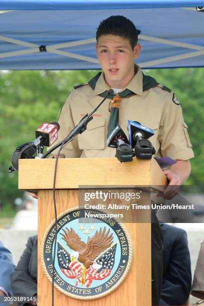 Seth Marshall, life scout Twin Rivers Council Boy Scout Troop, Stillwater, reads an essay during a Memorial Day program to honor those who paid the...