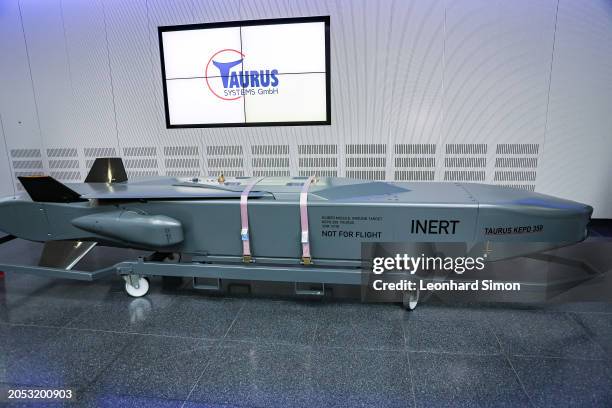 Taurus cruise missile displayed during a visit by Bavarian Premier Markus Soeder to a production facility of MBDA Deutschland, on March 5, 2024 in...