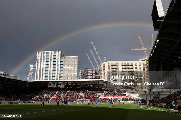 Double rainbow is seen over the stadium during the Premier League match between Brentford FC and Chelsea FC at the Brentford Community Stadium on...