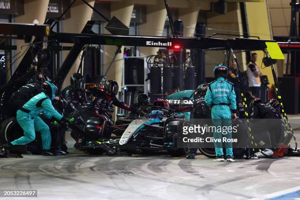 George Russell of Great Britain driving the Mercedes AMG Petronas F1 Team W15 makes a pitstop during the F1 Grand Prix of Bahrain at Bahrain...