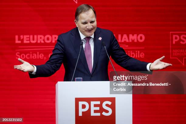 President Stefan Löfven speaks during the 2024 PEs election congress at La Nuvola Congress Centre, on March 02, 2024 in Rome, Italy.