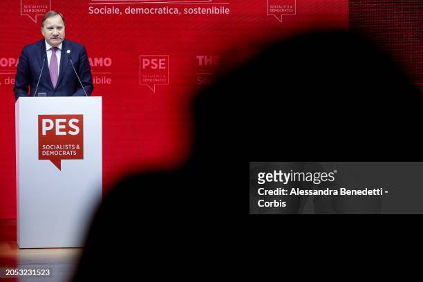President Stefan Löfven speaks during the 2024 PEs election congress at La Nuvola Congress Centre, on March 02, 2024 in Rome, Italy.