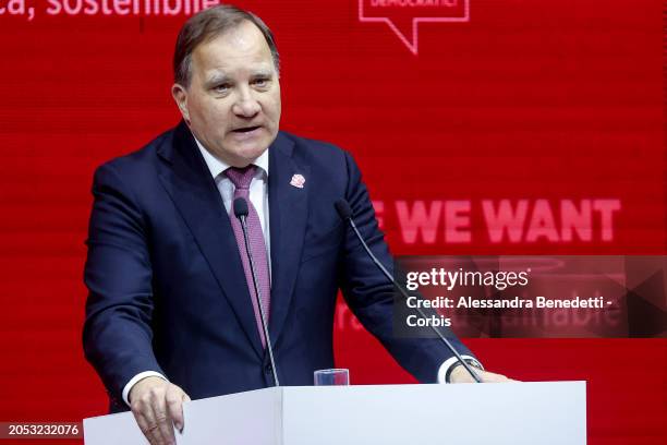 President Stefan Löfven speaks during the 2024 PEs election congress at La Nuvola Congress Centre, on March 02, 2024 in Rome, Italy.