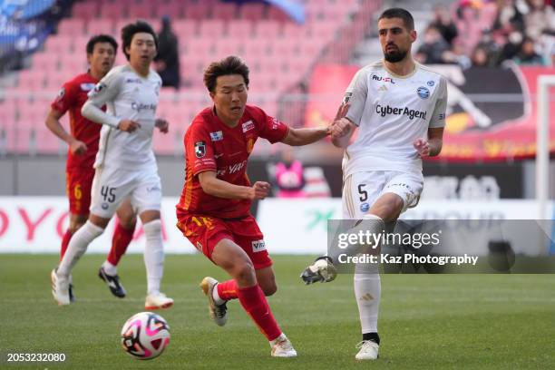 Dresevic of Machida Zelvia passes the ball under the pressure from Kensuke Nagi of Nagoya Grampus during the J.LEAGUE MEIJI YASUDA J1 2nd Sec. Match...