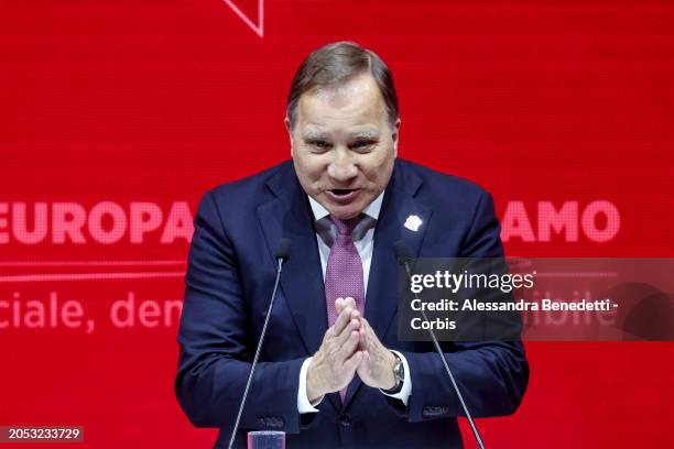 President Stefan Löfven speaks during the 2024 PEs election congress at La Nuvola Congress Centre, on March 02, 2024 in Rome, Italy.